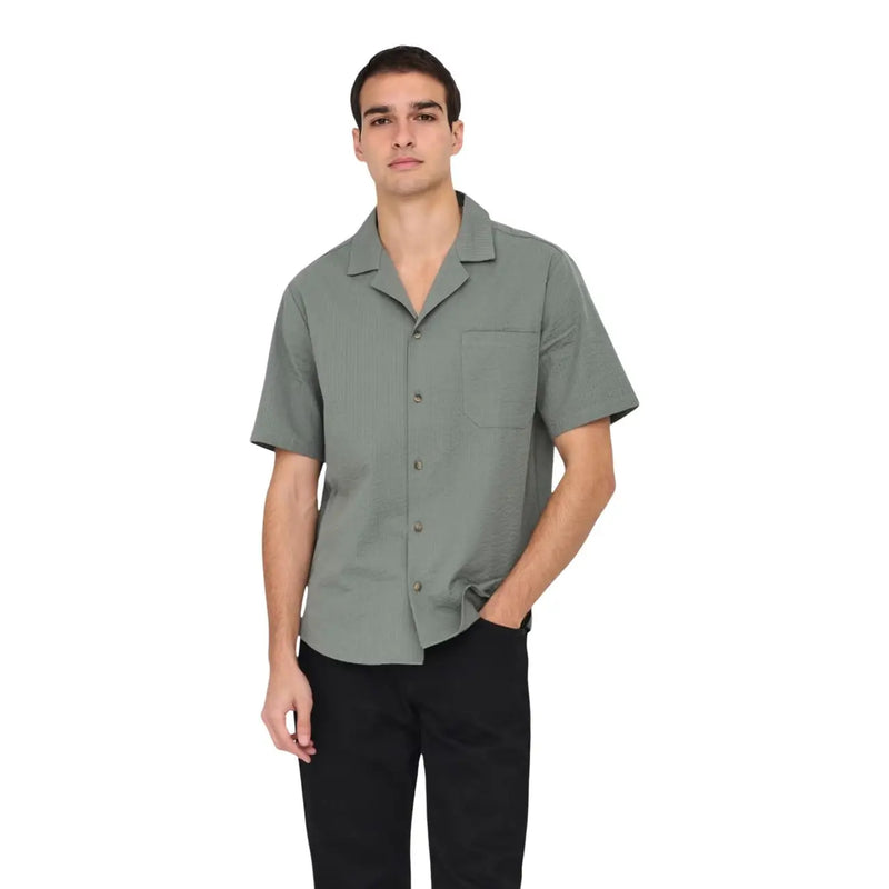 Only and Sons mens cotton resort shirt in muted sage green with short sleeves a classic collar and chest pocket