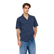 Only and Sons mens cotton resort shirt in navy blue with short sleeves and subtle textured weave and classic collar