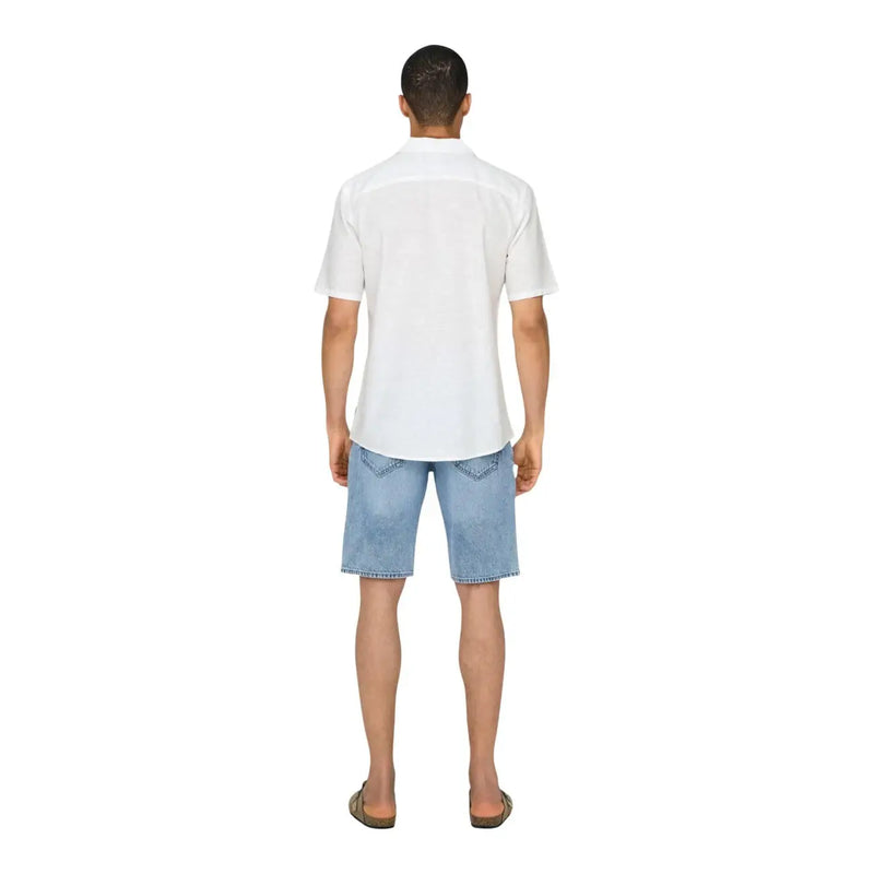 Only and sons mens white linen blend resort shirt with short sleeves classic collar and tailored fit