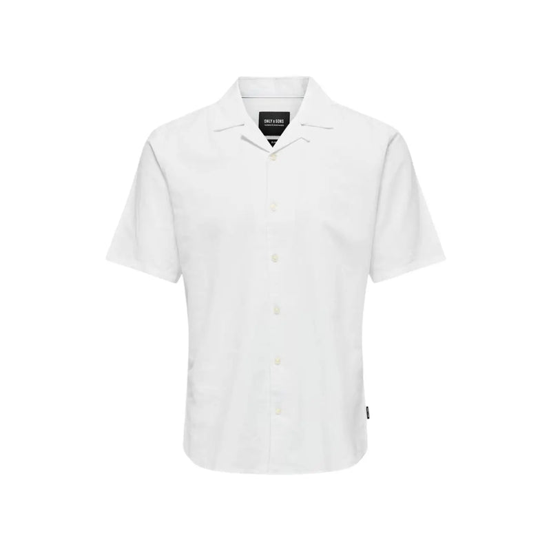 Only and sons mens white linen blend resort shirt with short sleeves classic collar and subtle texture