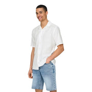 Only and Sons mens white linen blend resort shirt with short sleeves and a button-up collar front view