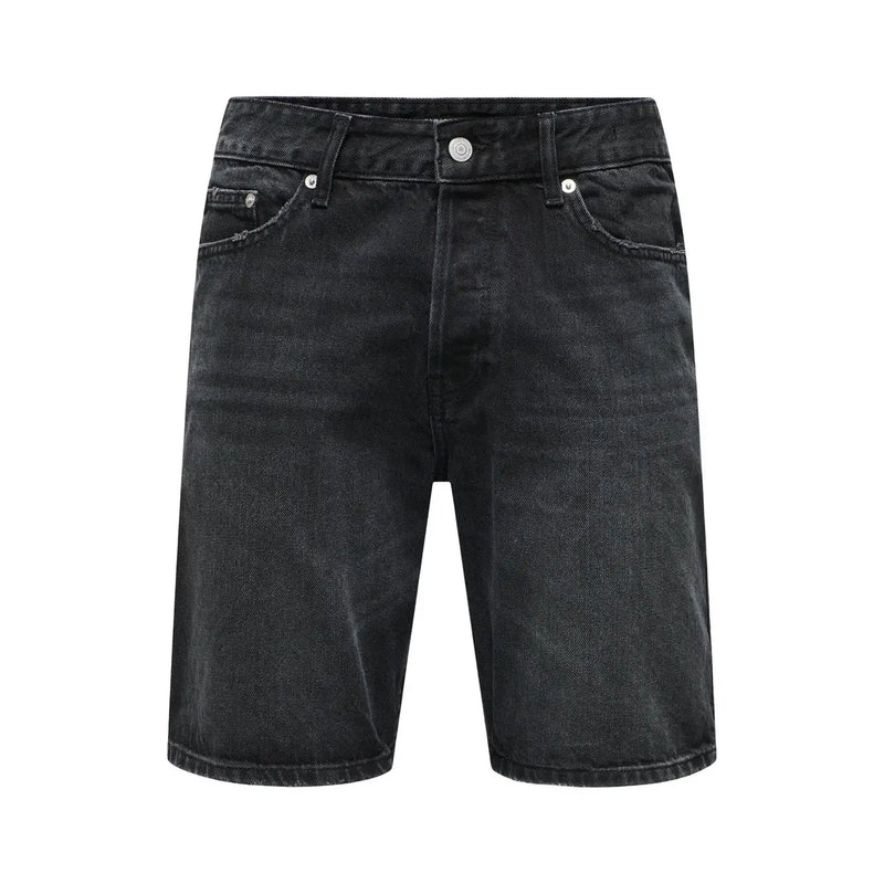 Only & Sons shorts Edge for men in black denim with faded distressed finish and silver hardware, front view