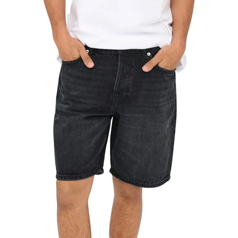 Only Sons shorts Edge for men in black denim with faded worn look and five-pocket design front view