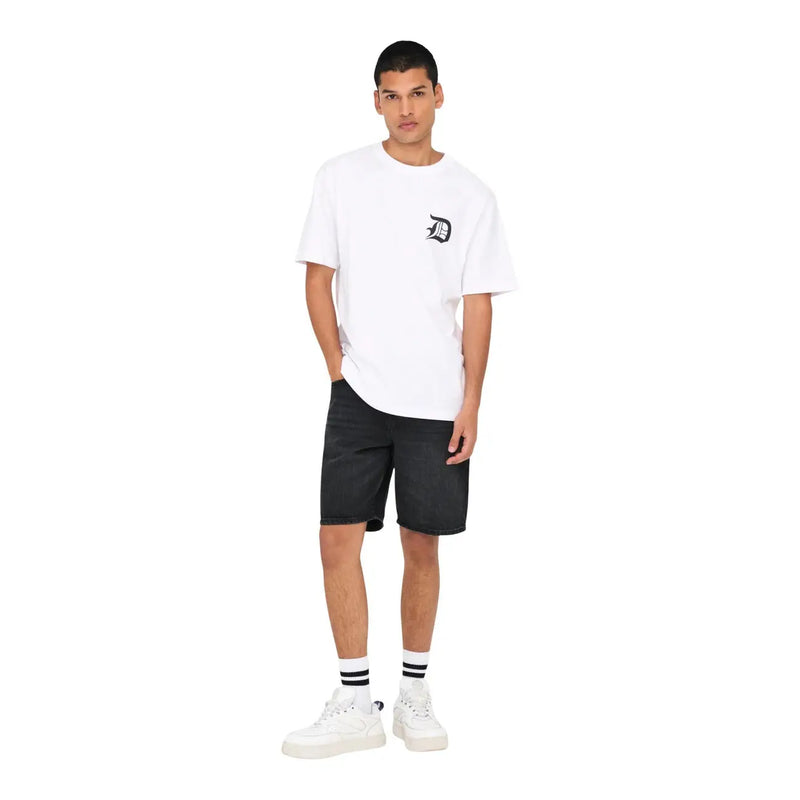 Only & sons shorts edge for men in white with black stylized d logo on left chest, front view
