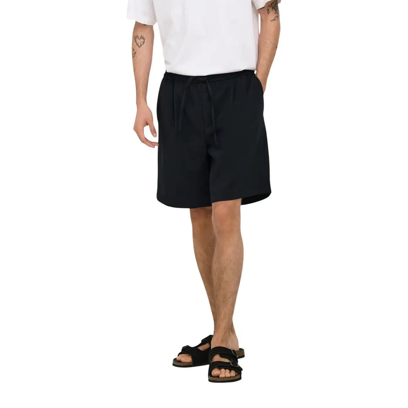 Only Short Sons ONSWILL pour homme, noir, avec taille élastiquée à cordon et poches latérales, vue de face