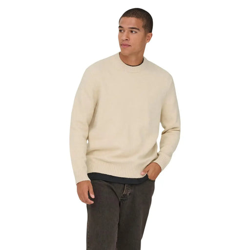 Only Sons sweater James for men in cream with ribbed knit and subtle black trim, front view