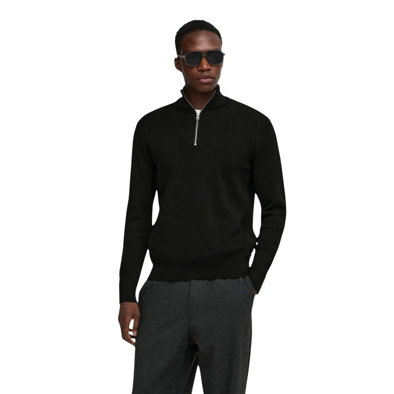 Only & Sons Pullover Phil für Herren in Schwarz mit Rippstrickstruktur und silbernem Reißverschlussdetail, Vorderansicht