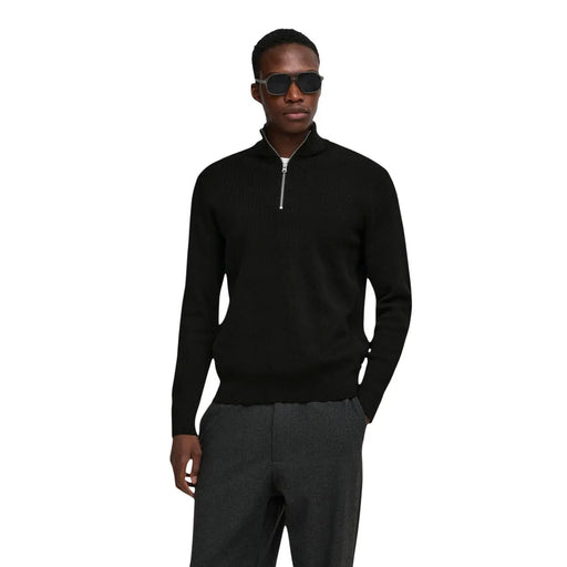 Only & Sons sweater Phil for men in black with ribbed knit texture and silver zipper detail front view