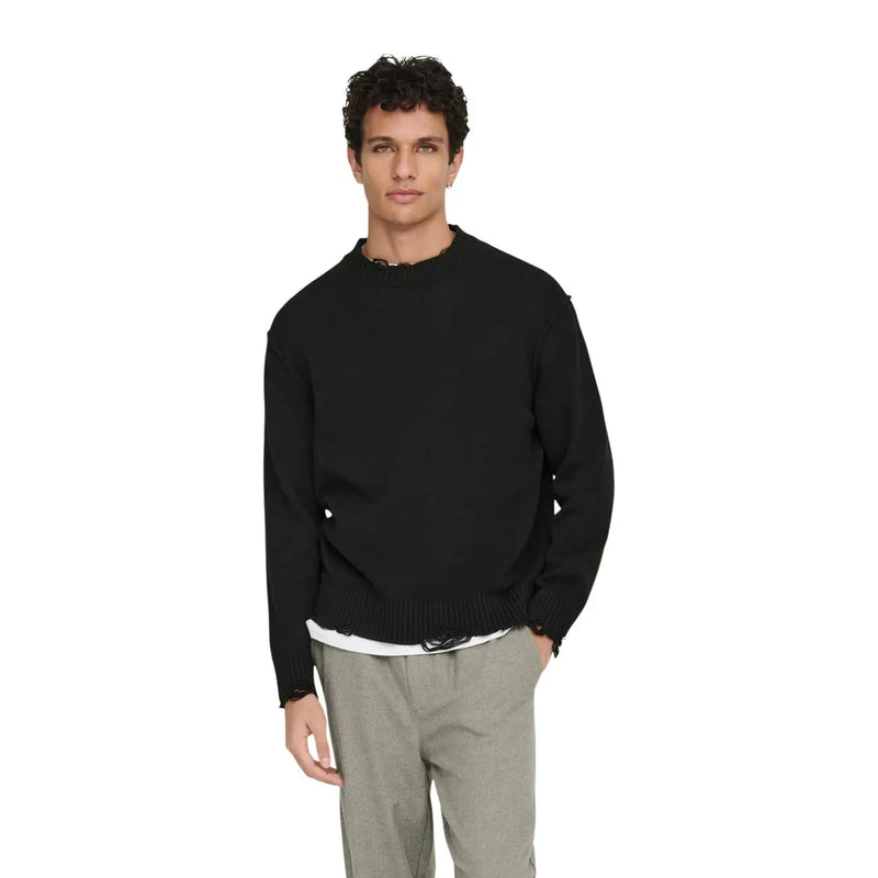 Only Sons sweater Tune for men in black with ribbed cuffs and hem and slightly distressed texture front view