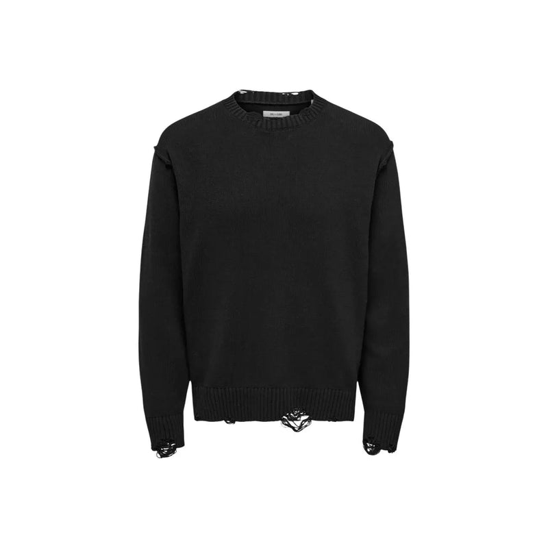 Only Sons sweater Tune for men in black with distressed knit and frayed edges, front view