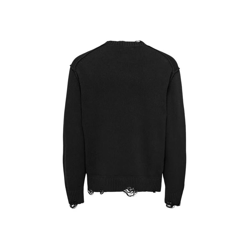 Only Sons sweater Tune for men in black knit with distressing and frayed hem and sleeve cuffs, front view