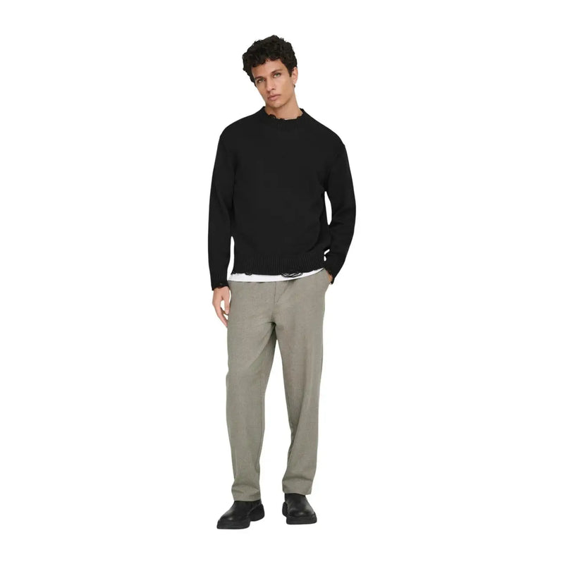 Only Sons sweater Tune for men in black ribbed knit with distressed hemline, front view