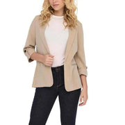 Only women beige blazer with 3/4 rolled sleeves in subtle textured viscose blend fabric for formal wear