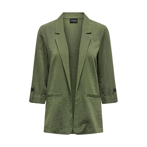 Only women beige blazer with olive green textured viscose blend fabric and three quarter length sleeves