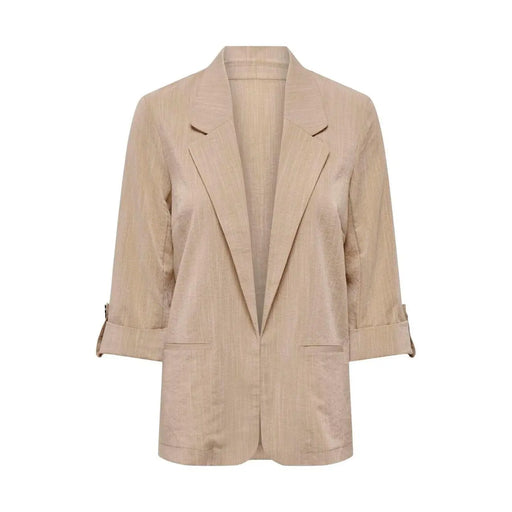 Only Beigefarbener Leinenblazer für Damen mit dezenten Längsstreifen und hochgekrempelten Dreiviertelärmeln aus Viskosemischung