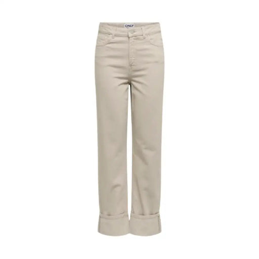 Only Women beige cotton straight-leg jeans with rolled cuffs, back view