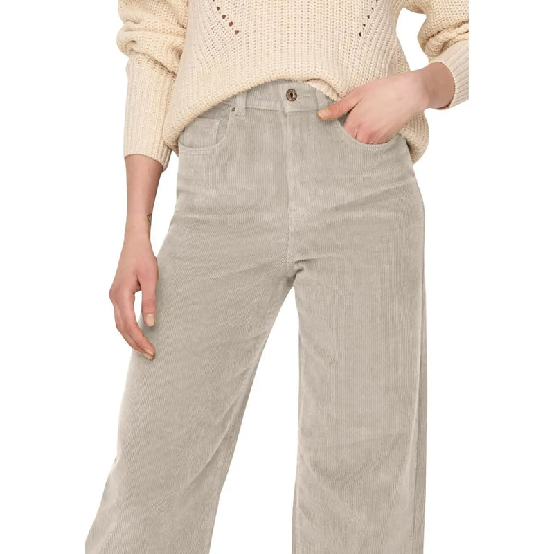 Only women beige cotton corduroy wide-leg trousers with soft texture and classic button closure size 28
