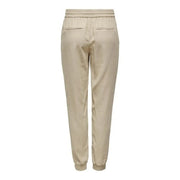 Beige viscose laced trousers for women with relaxed fit elastic waistband and tapered legs for spring summer wear