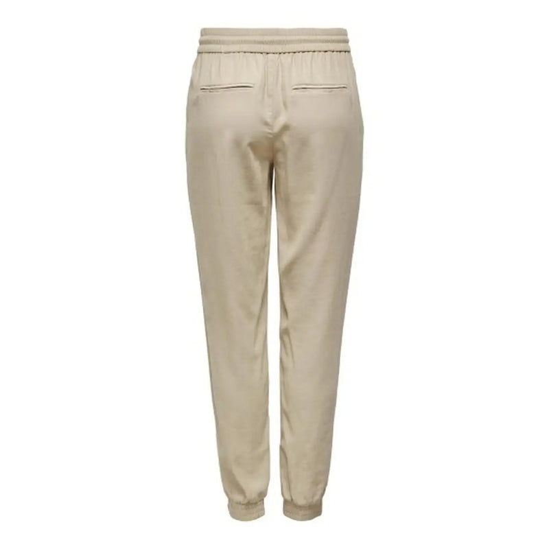 Beige viscose laced trousers for women with relaxed fit elastic waistband and tapered legs for spring summer wear