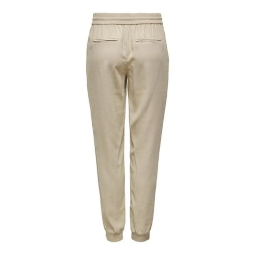 Beige Viskose-Schnürhose für Damen mit lockerem Schnitt, elastischem Bund und schmal zulaufenden Beinen – perfekt für Frühling und Sommer