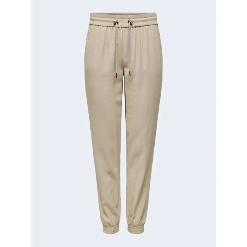 Only Women beige viscose laced trousers featuring a drawstring waistband and tapered cuffs for spring summer wear