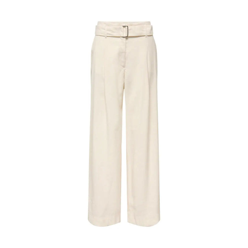 Cream-colored only women beige wide leg viscose trousers with matching belt and silver-toned buckle detail