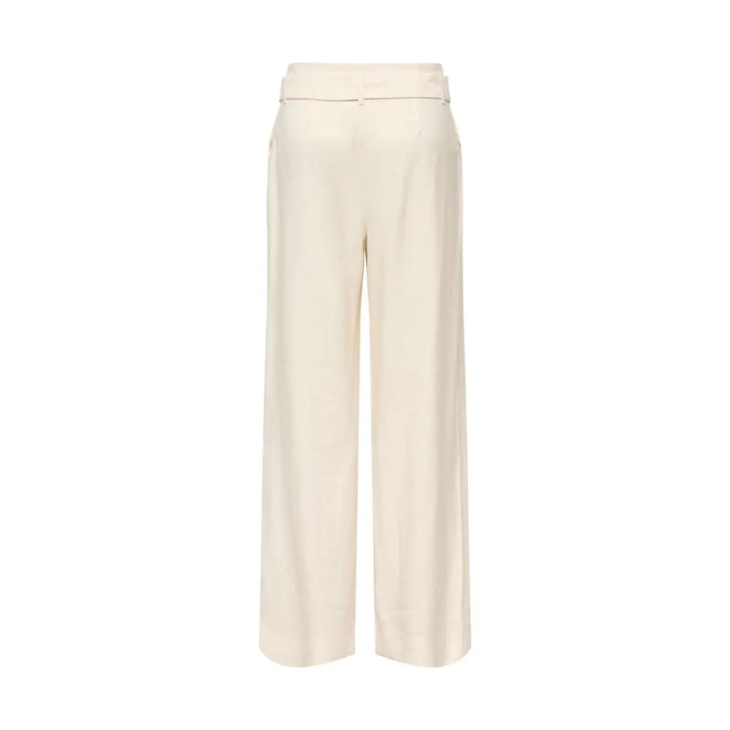 Only women beige wide leg belted viscose trousers with cream color, tailored fit, and subtle vertical pleats