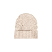 Beige wool blend cable knit winter beanie with ribbed cuff designed for women