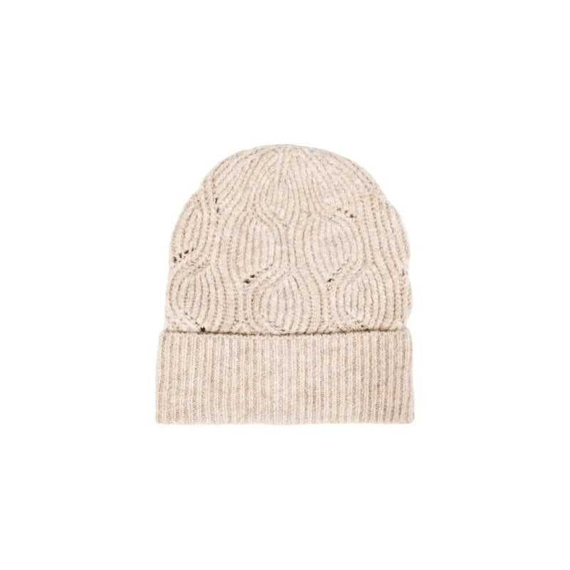 Beige wool blend cable knit winter beanie with ribbed cuff designed for women