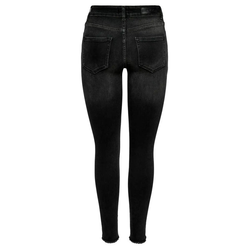 Only Schwarze, hochgeschnittene Skinny-Jeans für Damen aus Baumwollmischung mit verwaschenem Look und ausgefransten Säumen, die von hinten sichtbar sind