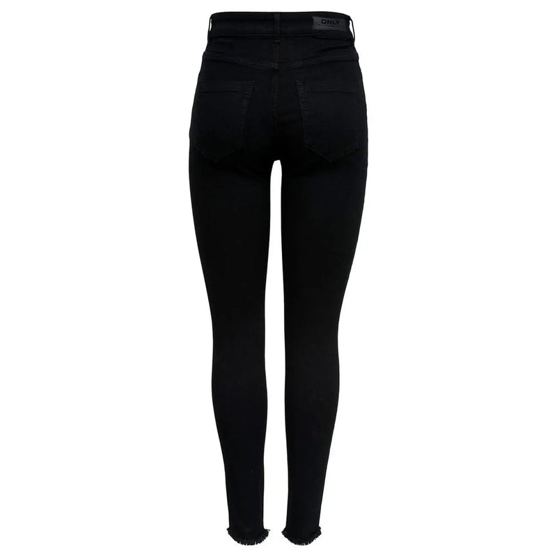 Only women black high-waisted cotton skinny jeans with frayed hem and only brand label at waistband