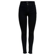 Black high-waisted skinny cotton jeans with frayed hem and subtle brand tag at waistband only women plain zip button