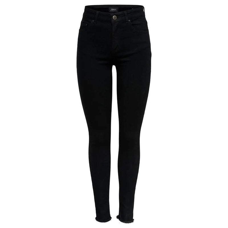 Black high-waisted skinny cotton jeans with frayed hem and subtle brand tag at waistband only women plain zip button