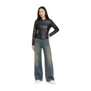 Only women black faux leather blazer jacket featuring a black leather moto design with silver and front zippers