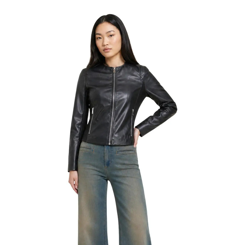 Only women black faux leather blazer jacket with zippered pockets and central front zipper in a moto style