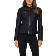Only Women black faux leather blazer with silver zipper accents and fitted design in polyurethane viscose material