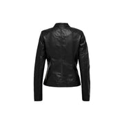 Only women black faux leather moto jacket with fitted design and subtle stitching in polyurethane viscose material