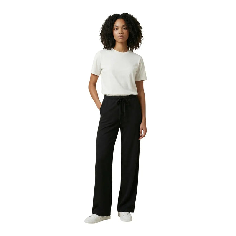 Black wide-leg lace trousers with drawstring waistband for women made from viscose nylon blend by only