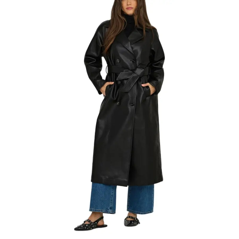 Women’s black faux leather trench coat with belted waist, featured on Only Women Blazer site