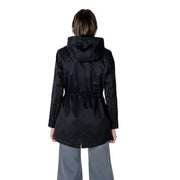 Only women black polyester long blazer with hooded trench coat style and drawstring waist for spring outerwear