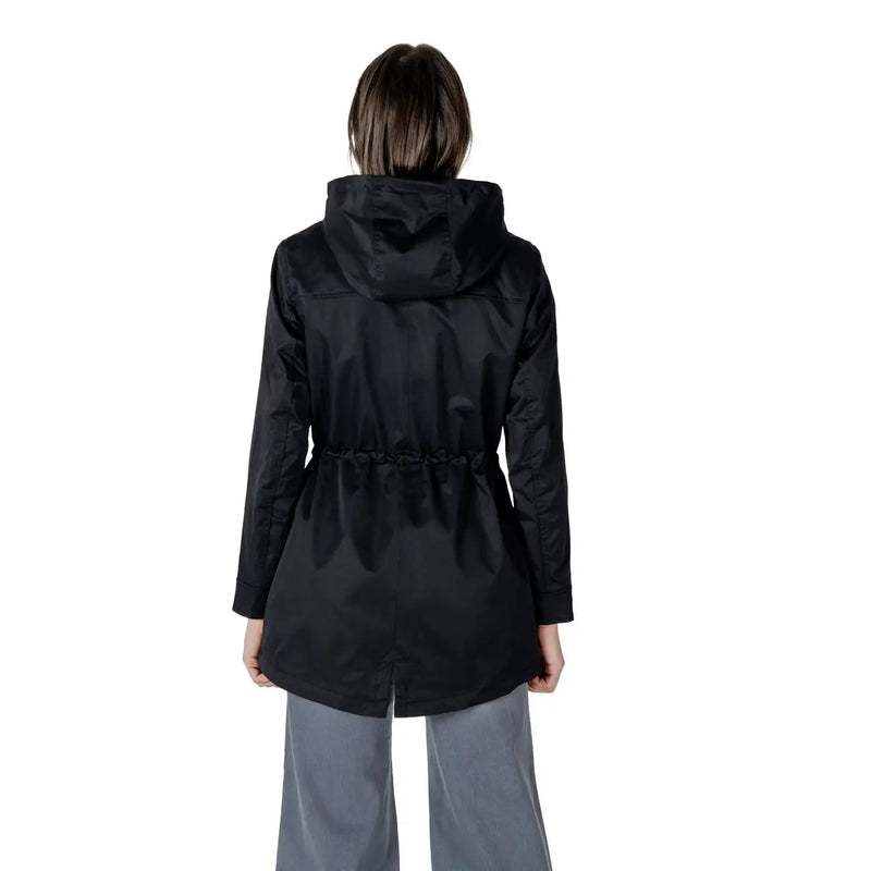 Only women black polyester long blazer with hooded trench coat style and drawstring waist for spring outerwear