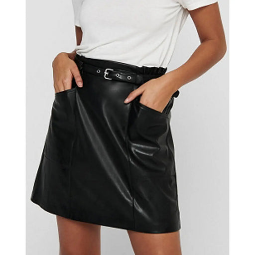 Black faux leather mini skirt with matching belt and side pockets by Only Women ideal for fall winter wear
