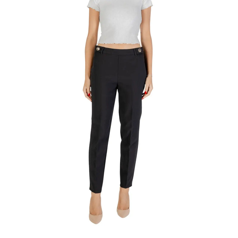 Only women black polyester tailored trousers with straight-leg cut and silver button accents fall winter edition