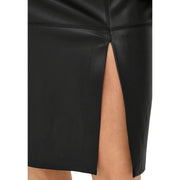 Only women black polyester faux leather skirt with side slit suitable for fall and winter wear