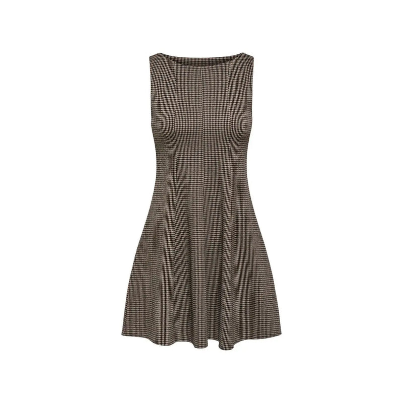Only women black sleeveless fitted polyester dress with a flared skirt in classic brown and black houndstooth pattern