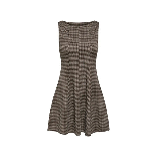 Only women black sleeveless fitted polyester dress with a flared skirt in classic brown and black houndstooth pattern