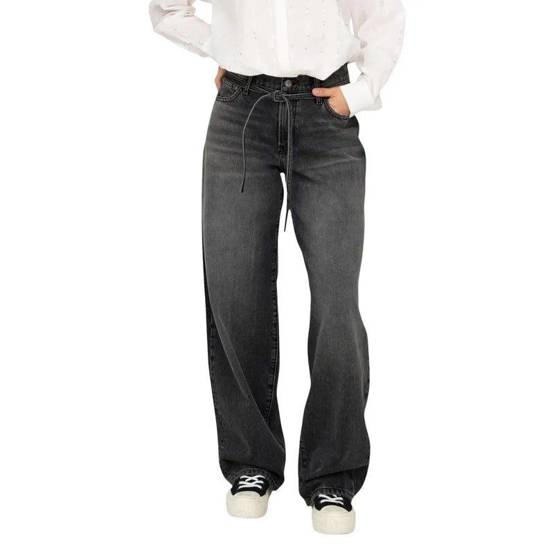 Dunkelgraue, weit geschnittene Jeans mit Kordelzugbund aus Baumwolle only Kollektion schwarzer, gerader Baumwolljeans für Damen