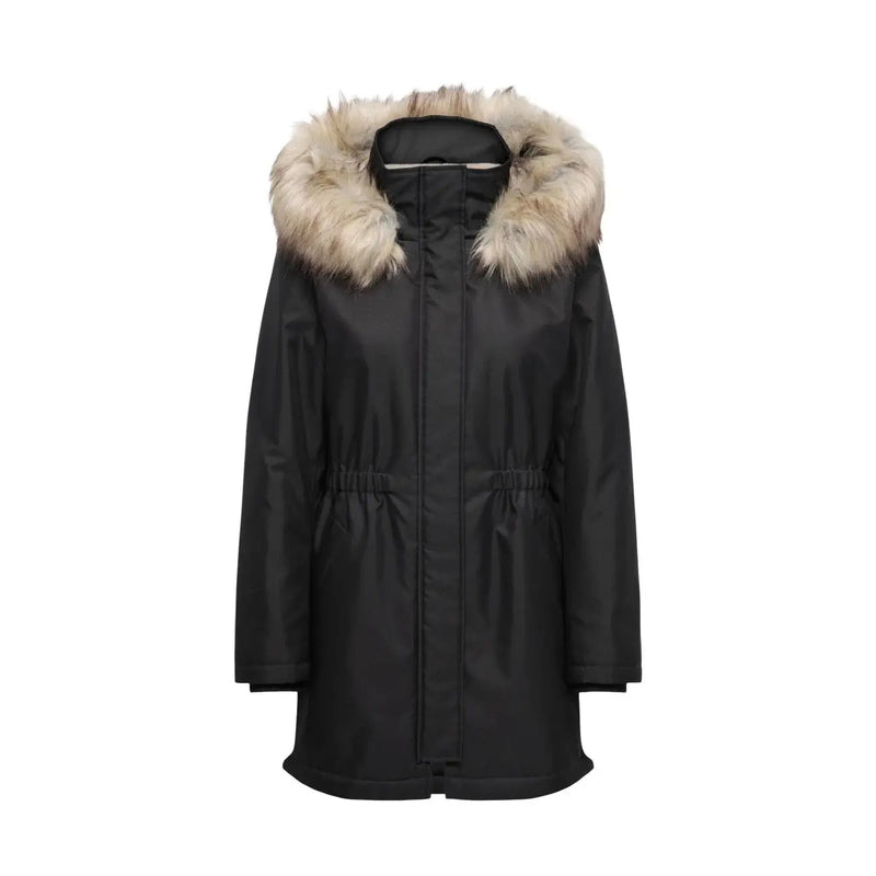 Schwarze Winterparkajacke für Damen mit flauschig hellbraun gefütterter Kapuze aus Polyester und Kordelzug in der Taille