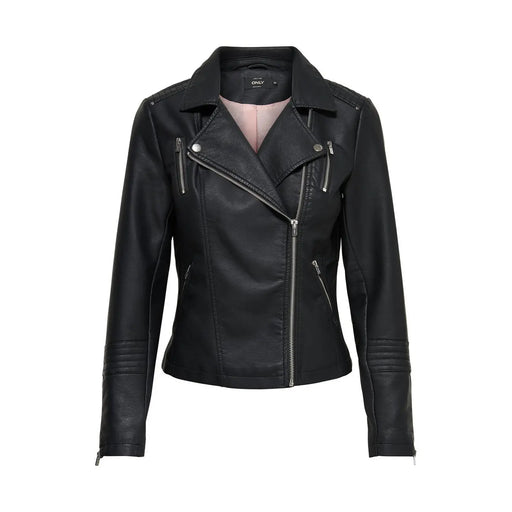 Only Schwarzer Damen-Blazer mit Reißverschluss, Bikerjacke aus Polyester-Polyurethan, mit silbernen Reißverschlüssen und Ziernähten