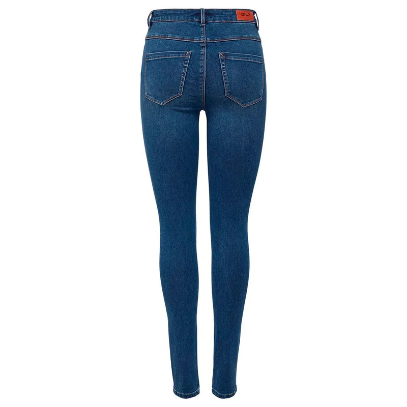 Dunkelblaue Baumwoll-Denim-Jeans für Damen mit taillierter, hoher Taille und klassischen Gesäßtaschen, die die Rückseite zeigen